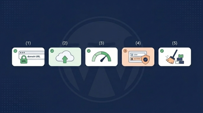 Five numbered step icons on a dark background illustrating the post-install WordPress checklist: domain and SSL, off-site backup, speed optimisation, login hardening, and bloat removal