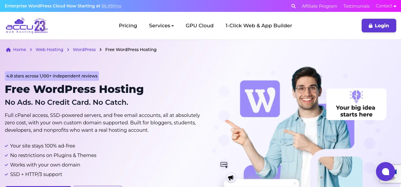 Desktop browser mockup showing the official homepage of AccuWeb Hosting featuring their primary tagline: 'Free managed WordPress hosting with SSD storage'.