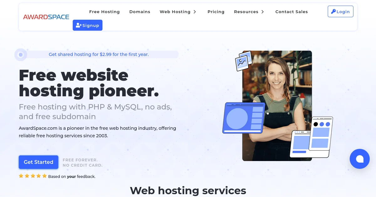 Desktop browser mockup showing the official homepage of AwardSpace featuring their primary tagline: 'Stable, no-ads free host with 23 years of continuous operation'.
