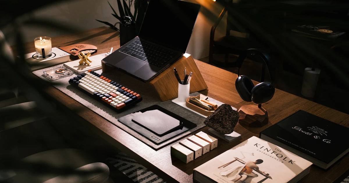 A modern desk workspace with a laptop and books — ideal starting point for a blogger researching free blog hosting sites