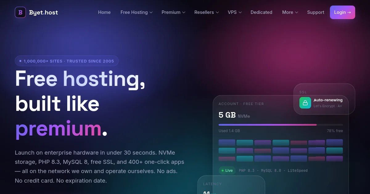 Desktop browser mockup showing the official homepage of Byet.Host featuring their primary tagline: 'Generous storage and bandwidth on the free tier'.