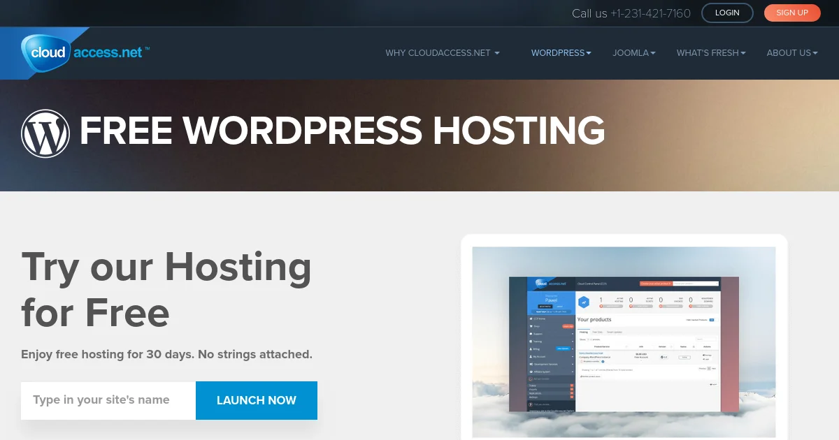 Desktop browser mockup showing the official homepage of CloudAccess featuring their primary tagline: 'Free cloud-based WordPress hosting'.