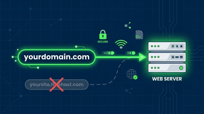 Diagram showing a custom domain (yourdomain.com) connecting securely to a web server, replacing a free hosting subdomain