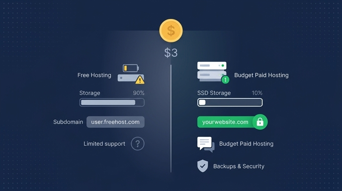 Side-by-side comparison graphic: left panel shows free hosting with nearly-full storage bar, a freehost.com subdomain, and limited support; right panel shows budget paid hosting with ample SSD storage, a custom domain with green padlock, and backups and security included — joined by a $3 coin icon at the top