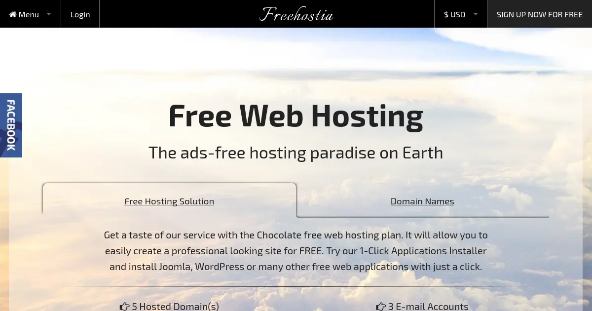 Desktop browser mockup showing the official homepage of Freehostia featuring their primary tagline: 'Free since 2005 — no ads, free SSL, 3 email accounts, 250&nbsp;MB storage'.