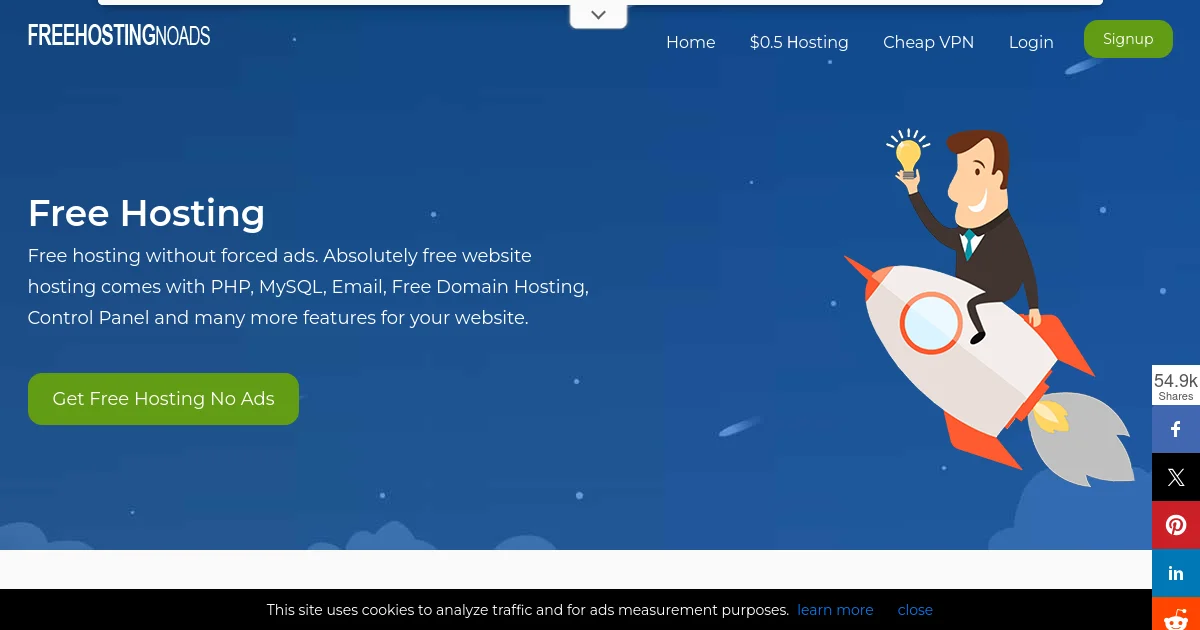 Desktop browser mockup showing the official homepage of FreeHostingNoAds featuring their primary tagline: 'Running since 2010 — no injected ads, 1&nbsp;GB storage, but no free SSL and PHP stuck at 7.4'.