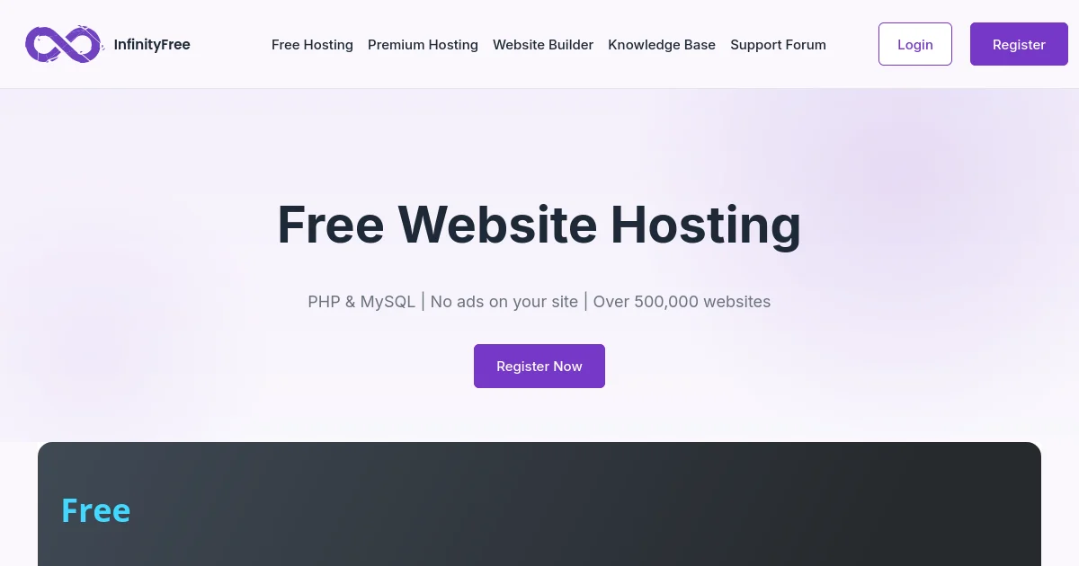 Desktop browser mockup showing the official homepage of InfinityFree featuring their primary tagline: 'Generous free specs — until the 50,000 daily hits cap kicks in'.