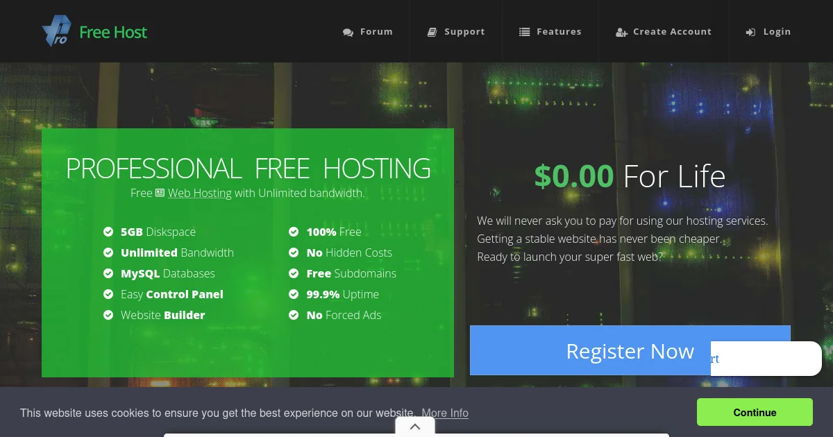 Desktop browser mockup showing the official homepage of ProFreeHost featuring their primary tagline: 'Solid specs on paper — until the 10 MB upload cap and secret CPU suspensions bite'.