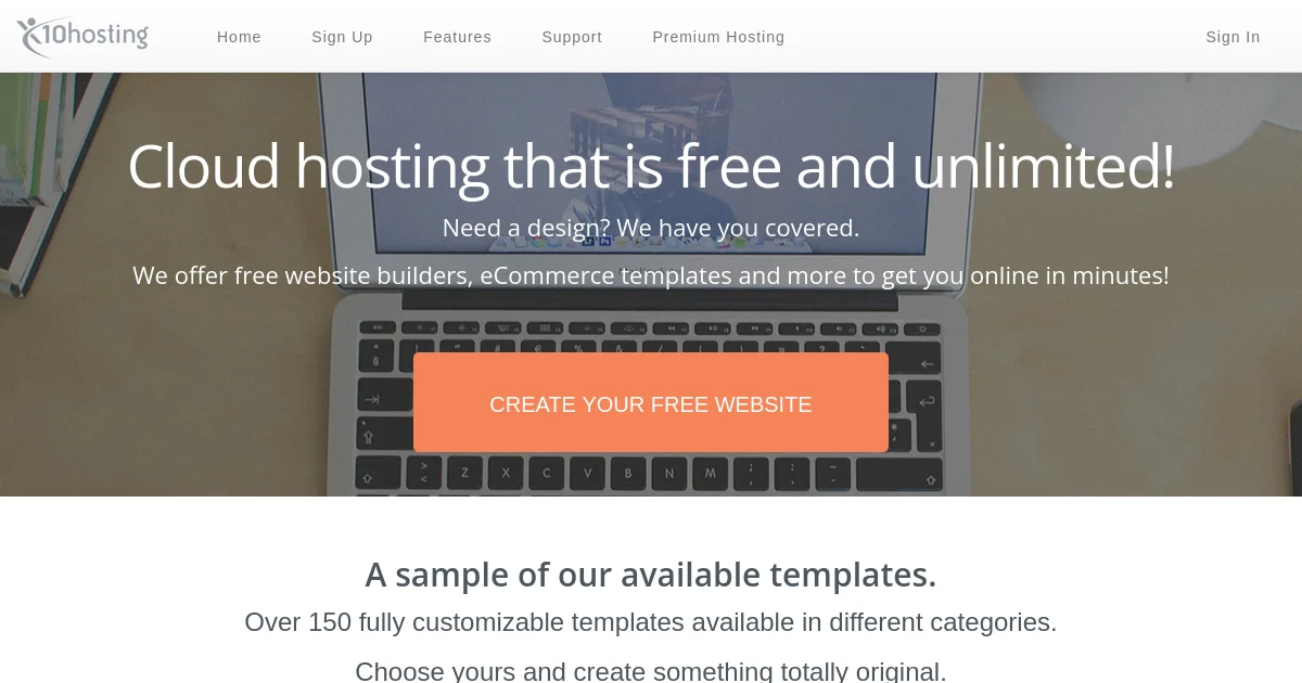 Desktop browser mockup showing the official homepage of x10hosting featuring their primary tagline: 'Community-backed free hosting with cPanel'.